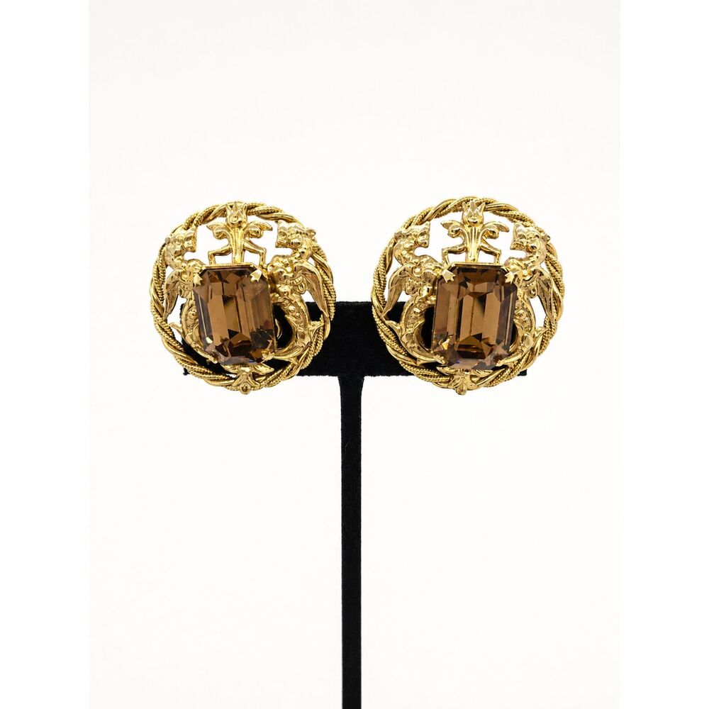 VINTAGE NAPIER EARRINGS Smoky Topaz Glass Gold Tone Ornate Clip On Pat Pend